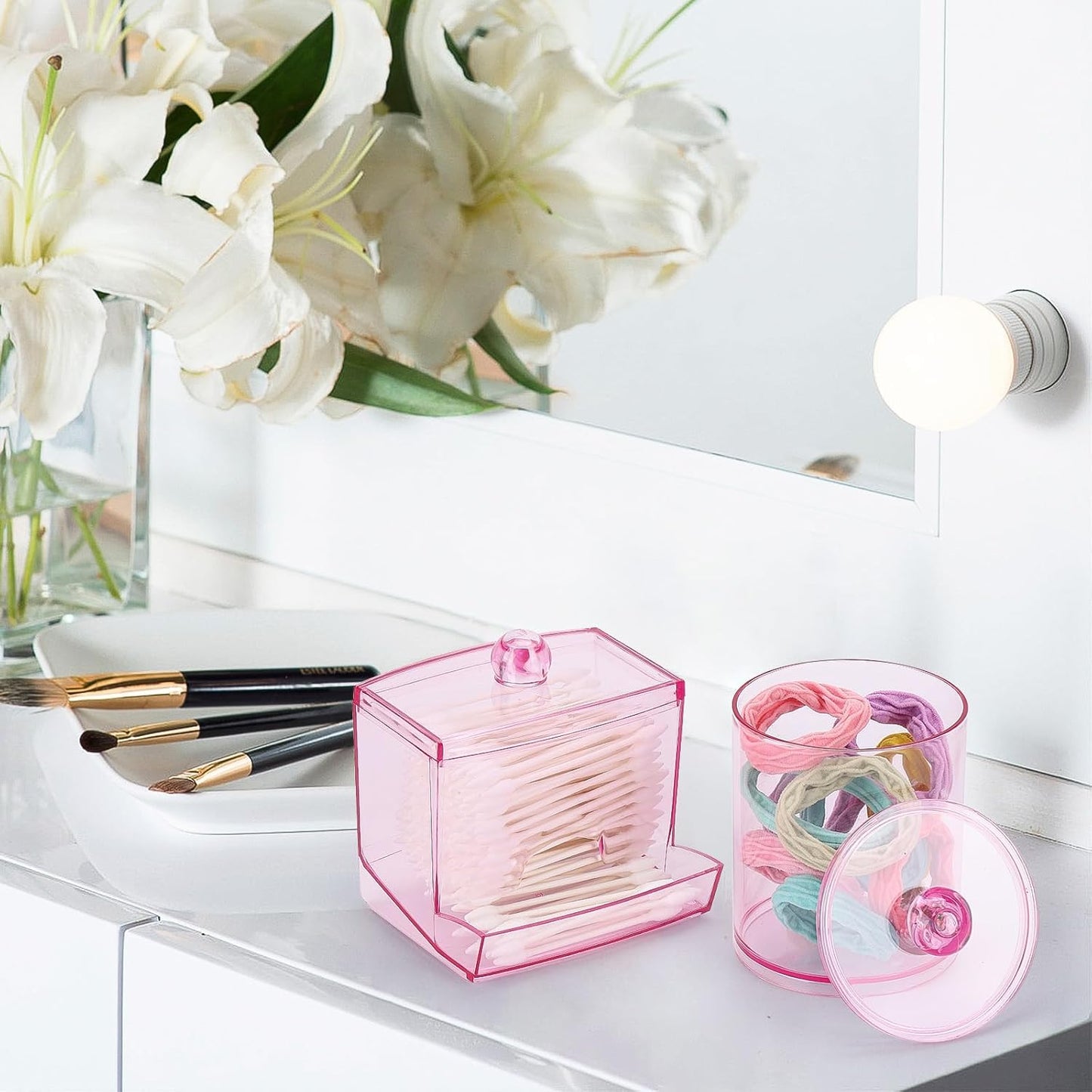 Tbestmax Cotton Swab Dispenser - Stylish Pink Apothecary Jar Organizer for Bathroom | 10 oz Capacity