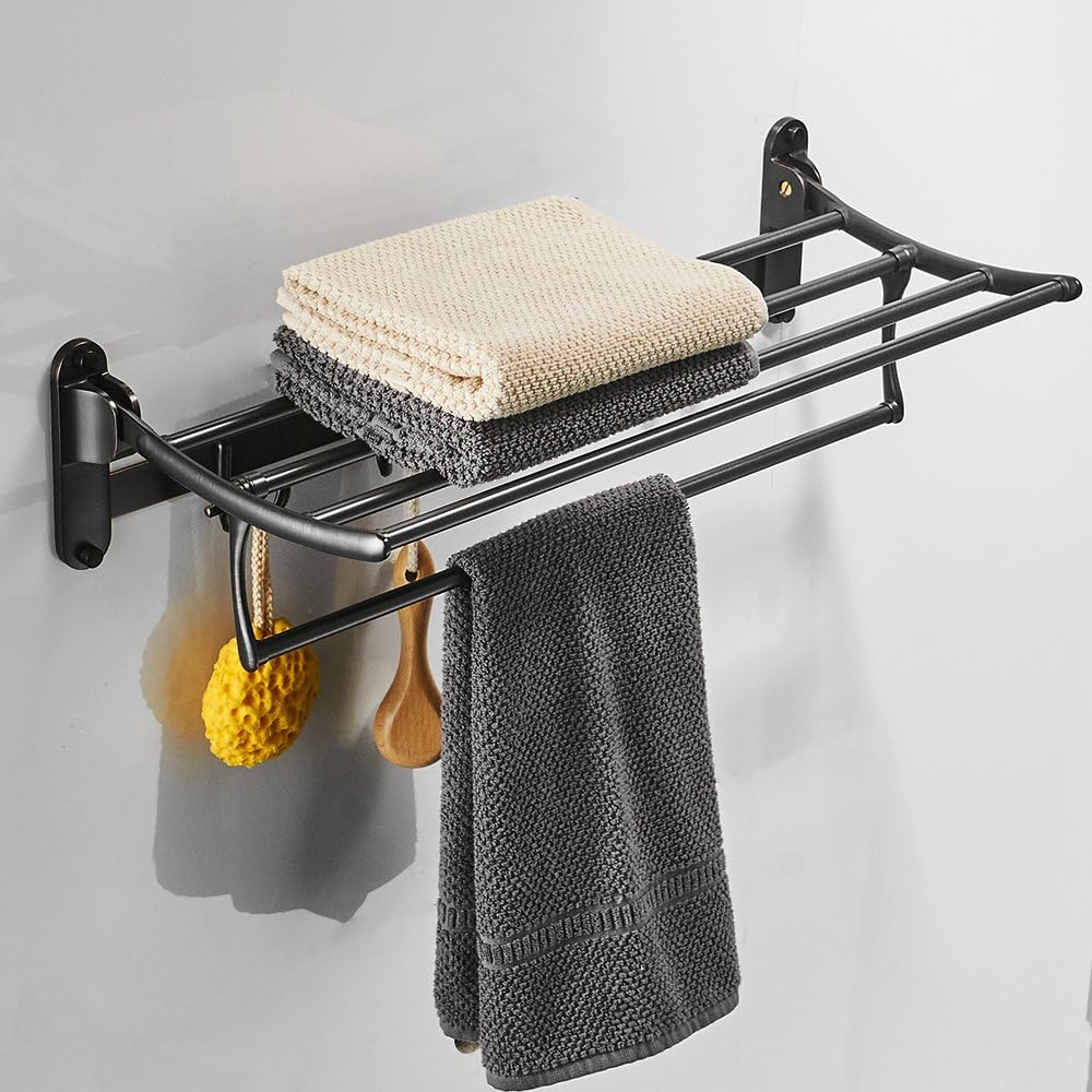 BESy 24 Inch Brushed Nickel Towel Racks, Bathroom Towel Shelf with Foldable Towel Bar Holder and Towel Hooks, Wall Mounted Multifunctional Bathroom Accessories, Double Towel Bars