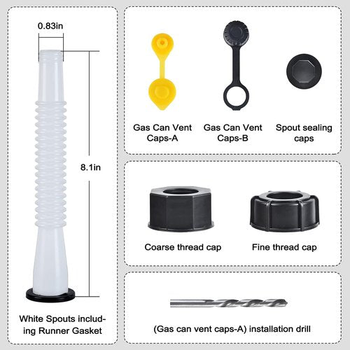 Gas Can Spout Replacement Kit - Ready-to-Use Nozzle for 1/2/5/10 Gallon Cans | 2 Kits in White