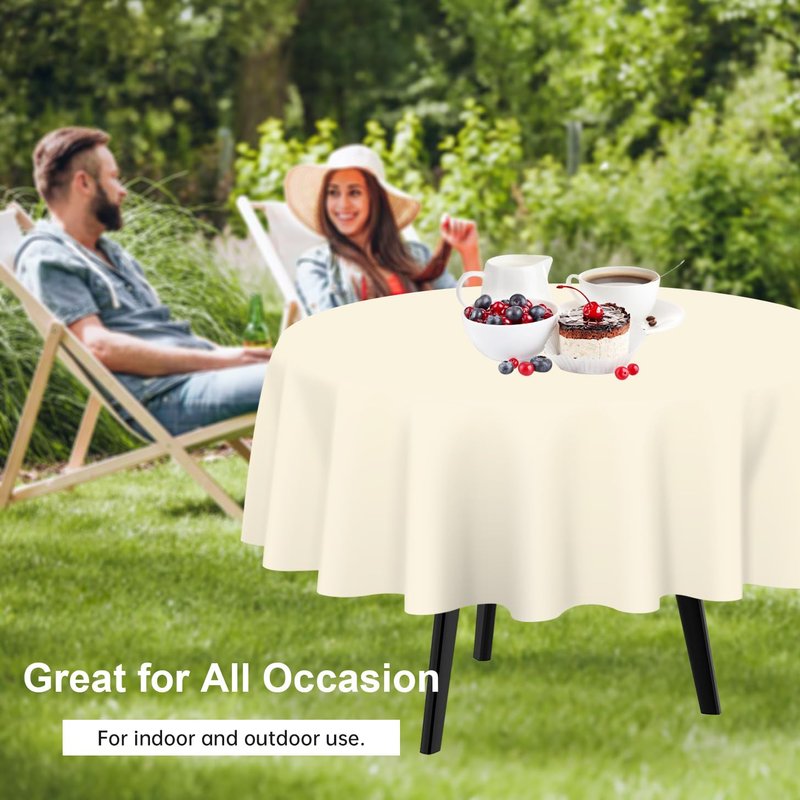 QIKSION Ivory Round Tablecloth 2 Pack, 84 Inch Plastic Table Cover Disposable for Parties