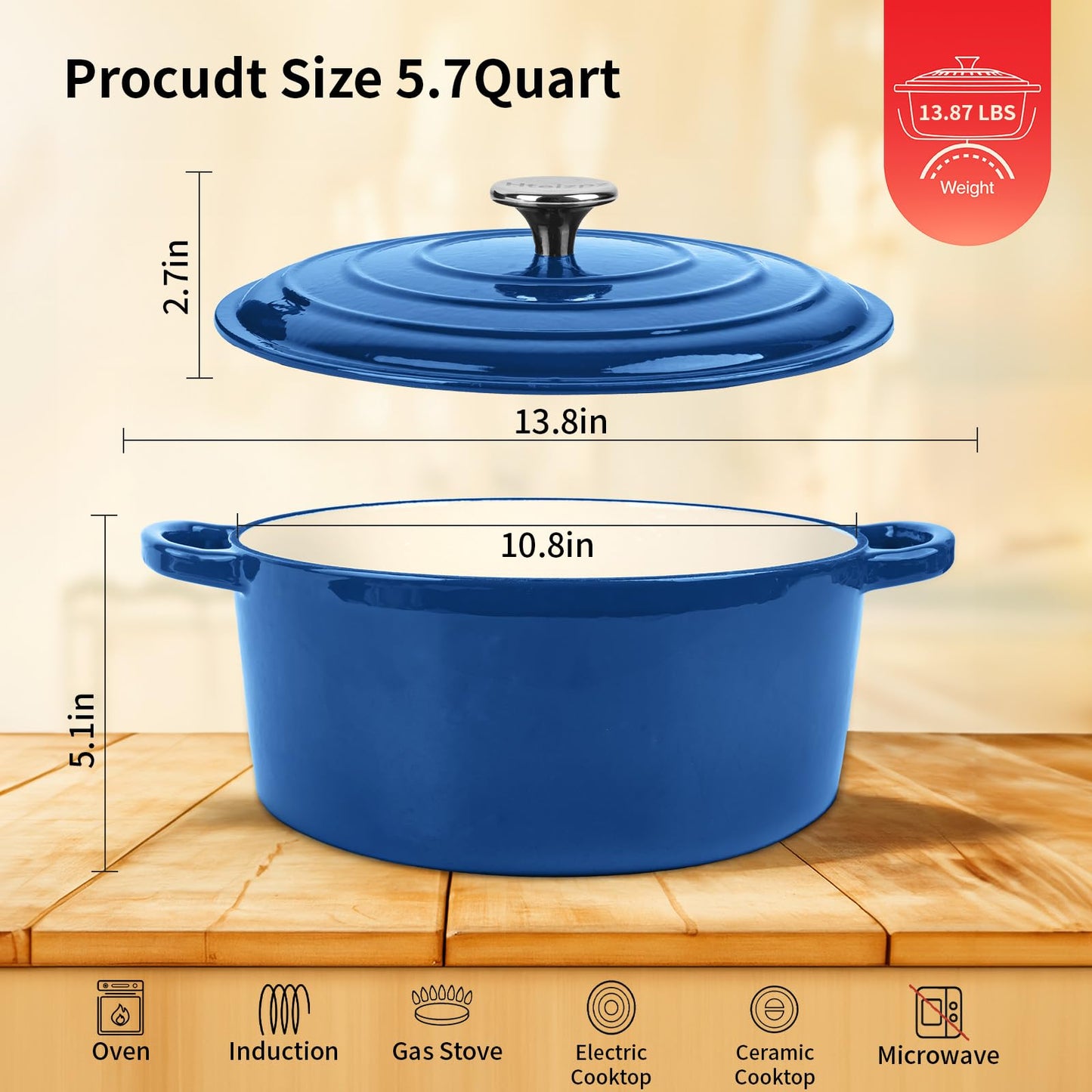 Enameled Cast Iron Dutch Oven Pot with Lid, 5.7 Quart Dutch Oven for Bread Baking, Oven Safe up to 500° F, Suitable for Bread Baking, Braising, Roasting, Stews, Blue