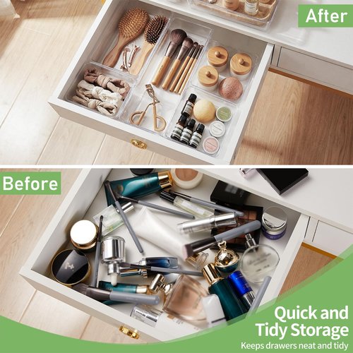 DUHARS 8 PCS Clear Plastic Drawer Organizer Tray, Acrylic Vanity Bathroom Drawer Organizers Trays, Small Desk Drawer Organizer Bins for Cosmetic, Makeup, Kitchen, Office, Drawer Divider Organization