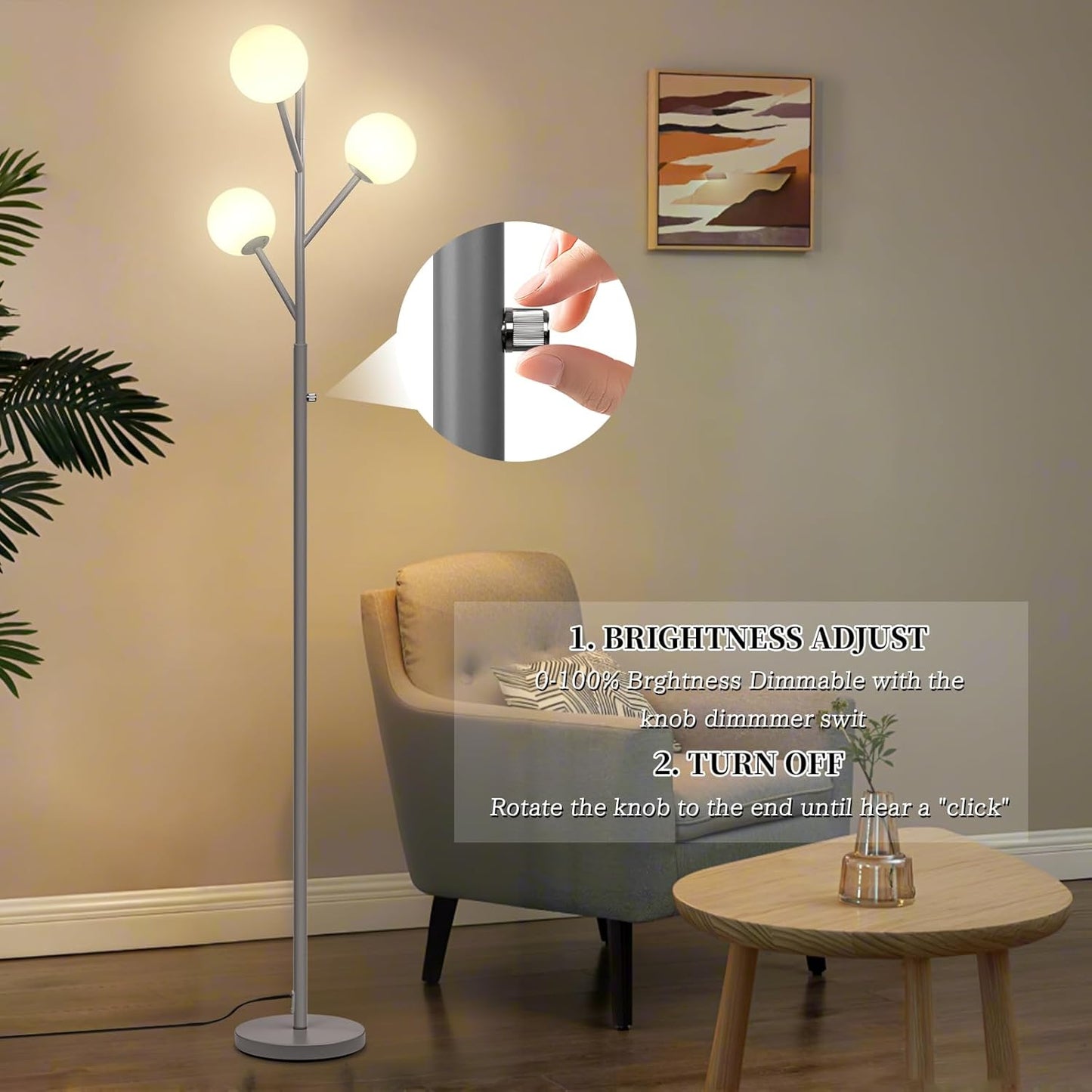 Globe Mid Century Tree Floor Lamp with 3 Light Bulbs,70in Tall Standing Glod Floor Lamp with Frosted Glass Shade for Living Room,Office,Bedroom, Study Room, Hotel, Antique Brass Lighting