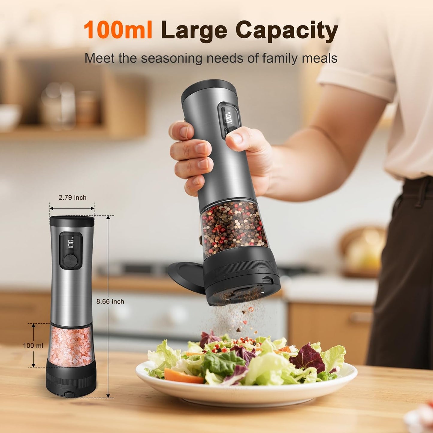 Skiennix Electric Salt and Pepper Grinder Set - Rechargeable Stainless Steel Mill with 2-Speed Settings & LED Light | 100ml Capacity