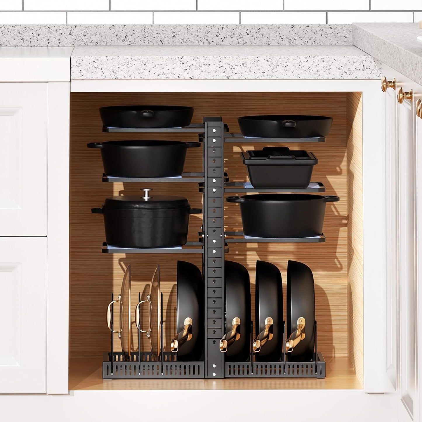 LAMU Pots and Pans Organizer - Expandable Under Cabinet Storage with 6 Adjustable Tiers | Holds 12 Cast Iron Cookware, Black