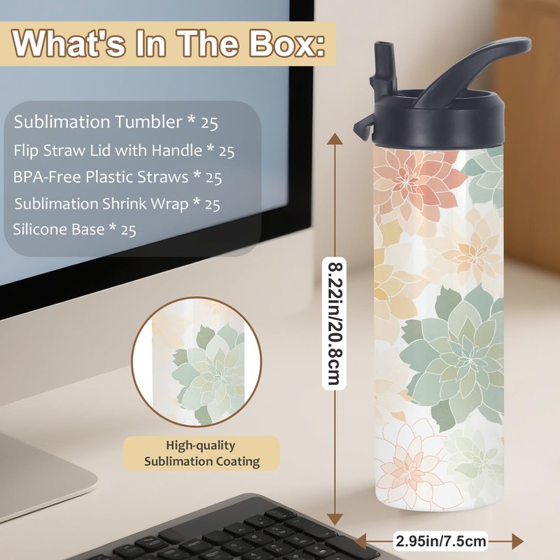 oaptuza 20 Oz Sublimation Tumbler Bulk Skinny Straight, 25 Pack Sublimation Water Bottles Blanks with Handle Straw Lid, Insulated Stainless Steel Tumbler Cup for Heat Transfer