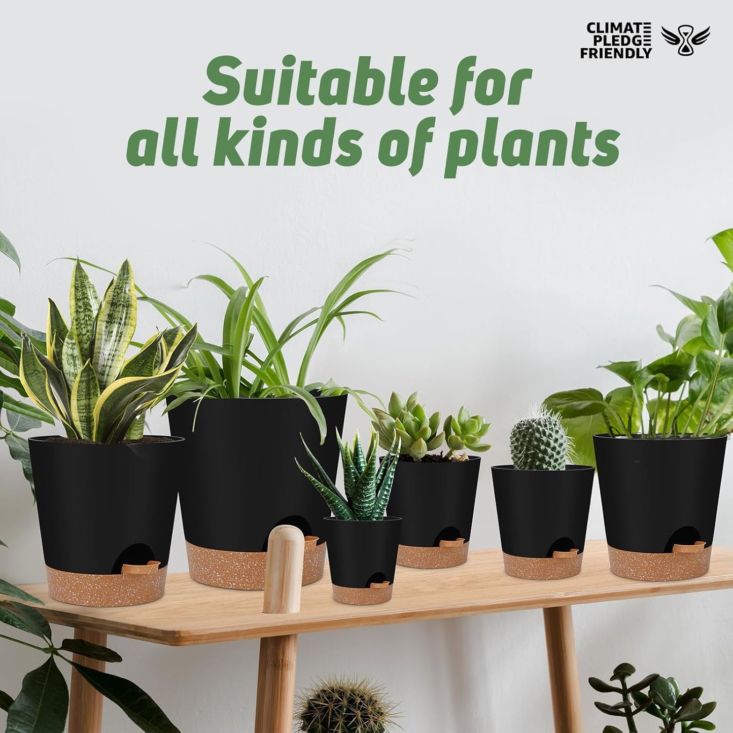 YNNICO Indoor Self-Watering Planters - Drainage Holes & Saucers | Set of 6 Pots in Black (5-8 Inches)