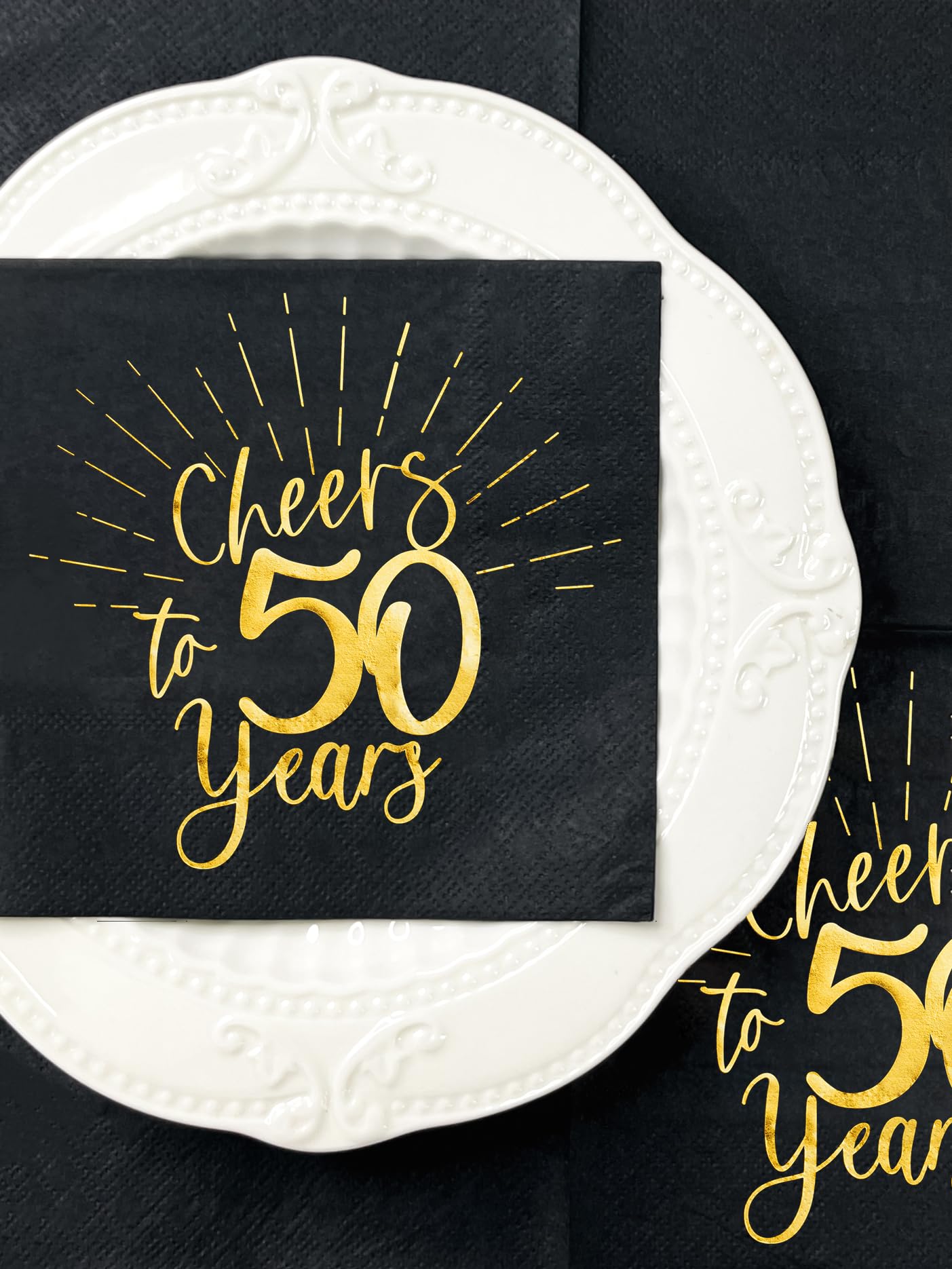 WRAPAHOLIC 50Pcs 50th Birthday Napkins - 3-Ply Disposable Paper Cocktail Napkin, Black and Gold Foil Cheers to 50 Years - 5 x 5 In