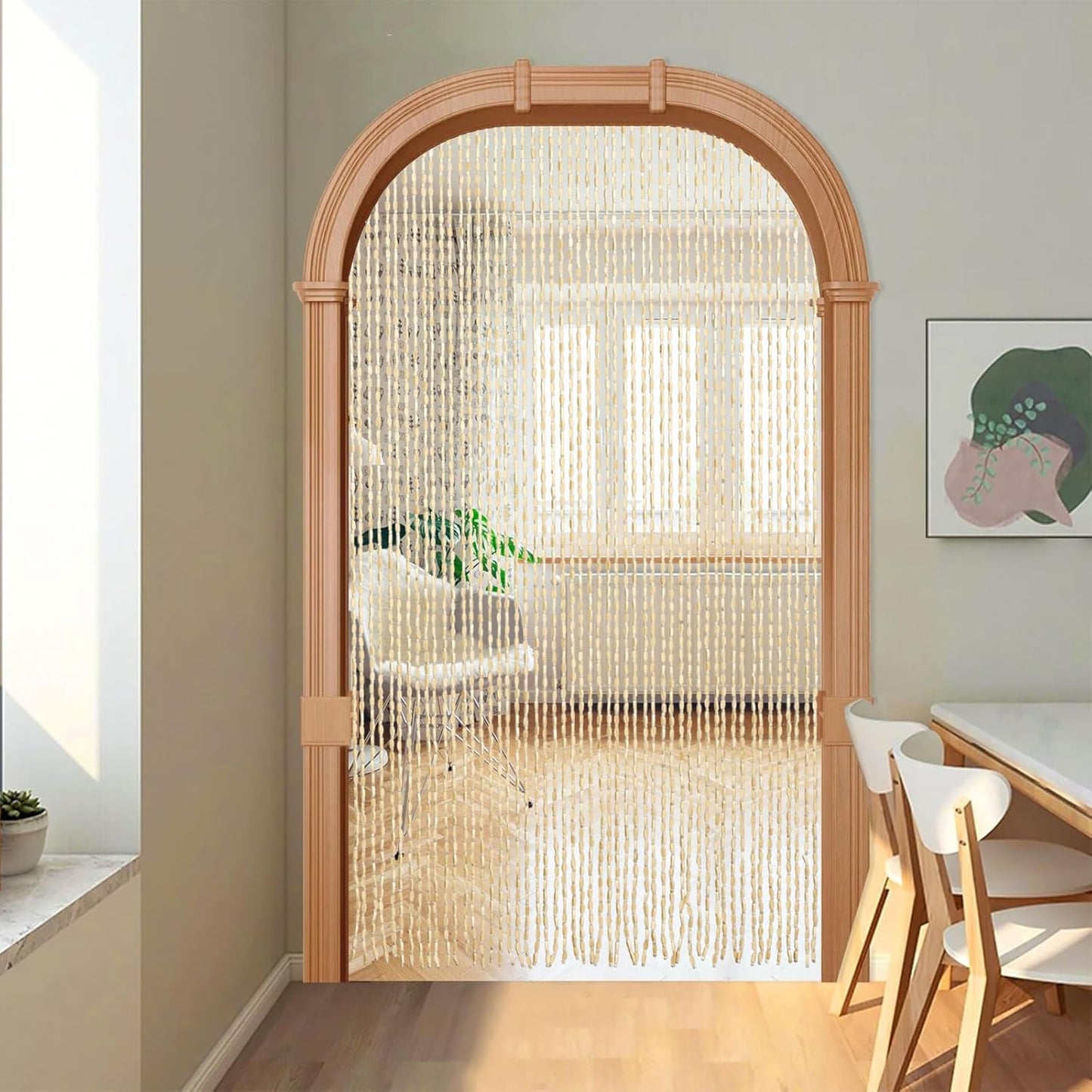 35.5" x 75" Bamboo and Wood Beaded Curtain for Doorway 52 Strands Handmade Bohemian Door Beads Curtain Boho Hanging Room Divider for Bedroom Living Home Deco, Beige