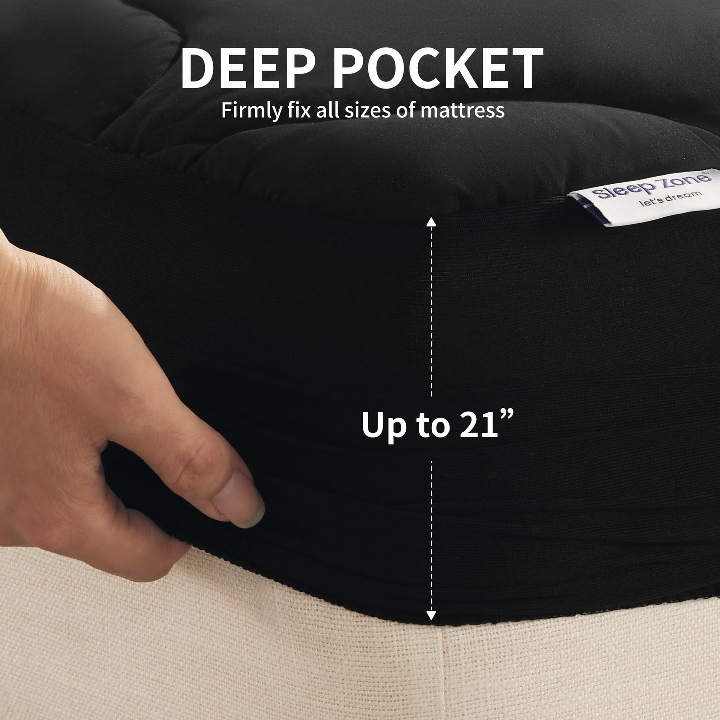 SLEEP ZONE Cooling Mattress Topper Full Size Mattress Pad, Quilted Fitted Mattress Cover, Machine Washable, Soft Fluffy Down Alternative, Deep Pocket 8~21 inch (Black, Full)