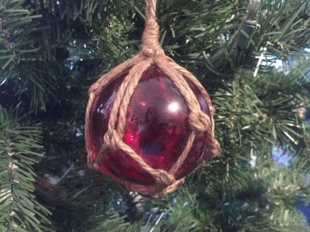 Red Japanese Glass Fishing Float with Brown Netting - Handcrafted Nautical Decor