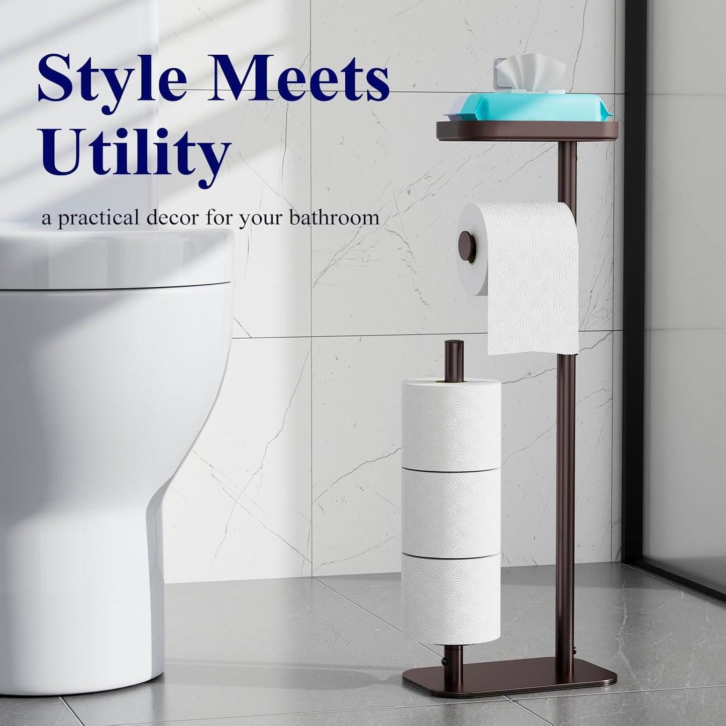 Kitsure Toilet Paper Holder - Rustproof Free Standing Stand for 4 Rolls with Anti-Slip Base & Shelf | Medium Brown
