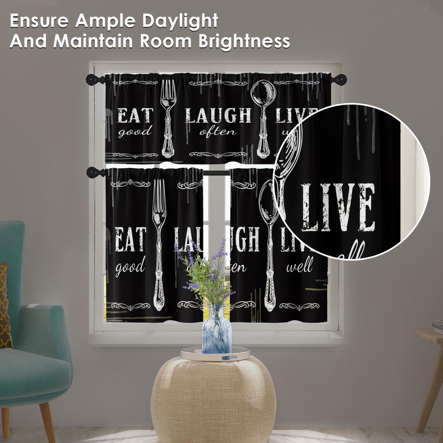 Tayney Black White Kitchen Window Curtains Valance and Tier Set 36 Inch Farmhouse Eat Good Laugh Often Live Well Rod Pocket Short Tier Curtain, Abstract Small Drapes for Kitchen Decor