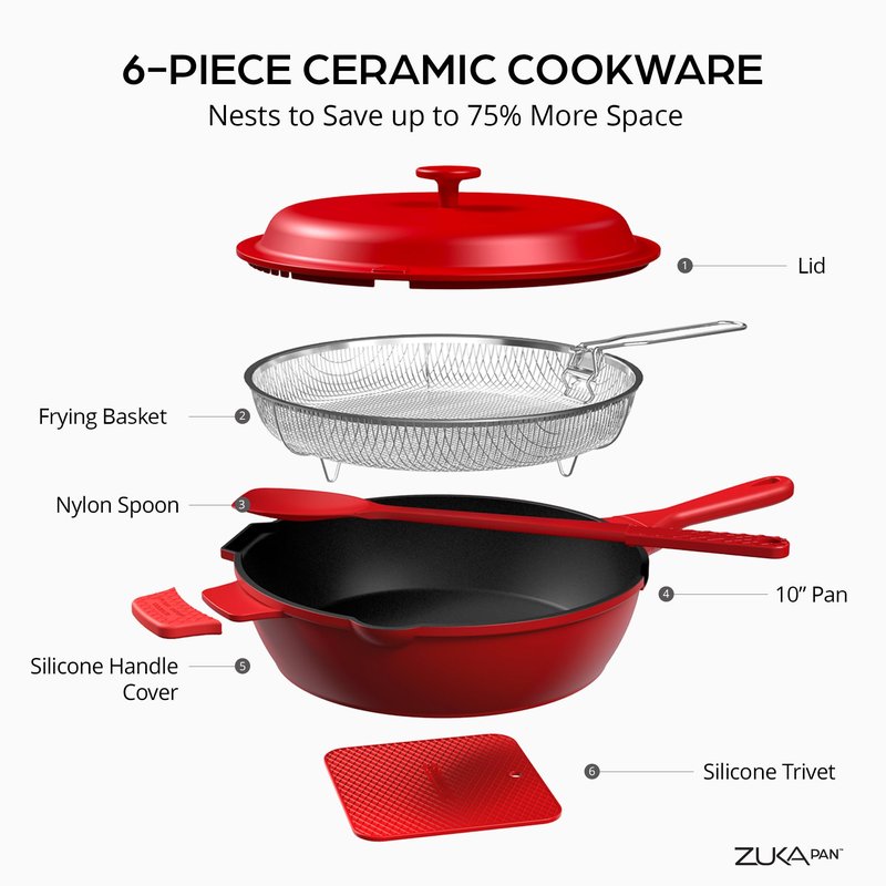ZUKA 10 in 1 Ceramic Pan by Granitestone, Large 10 Inch Saute Pan with Lid Serves as Deep Frying Set with Steamer, Everyday Skillet, Non Toxic Ceramic Nonstick, Induction Oven & Dishwasher Safe