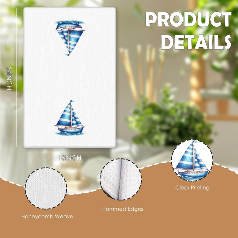 HUGANE Nautical Sailboat Kitchen Towels, Coastal Beach Hand Towels for Bathroom, Sailing Gifts for Women Men, Gifts for Boat Owners Sailors, Nautical Dish Towels, Boat Captain Gifts, 16x24 Inch