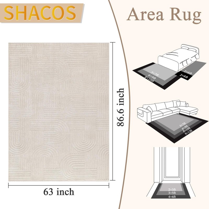SHACOS Soft Cozy Fluffy Arch Pattern High-Low Pile Textured Area Rug 5'3"x7'3" Non Slip Washable Modern Geometric Rug Stain Resistant Contemporary Carpet for Living Room Bedroom Dining Room, Beige