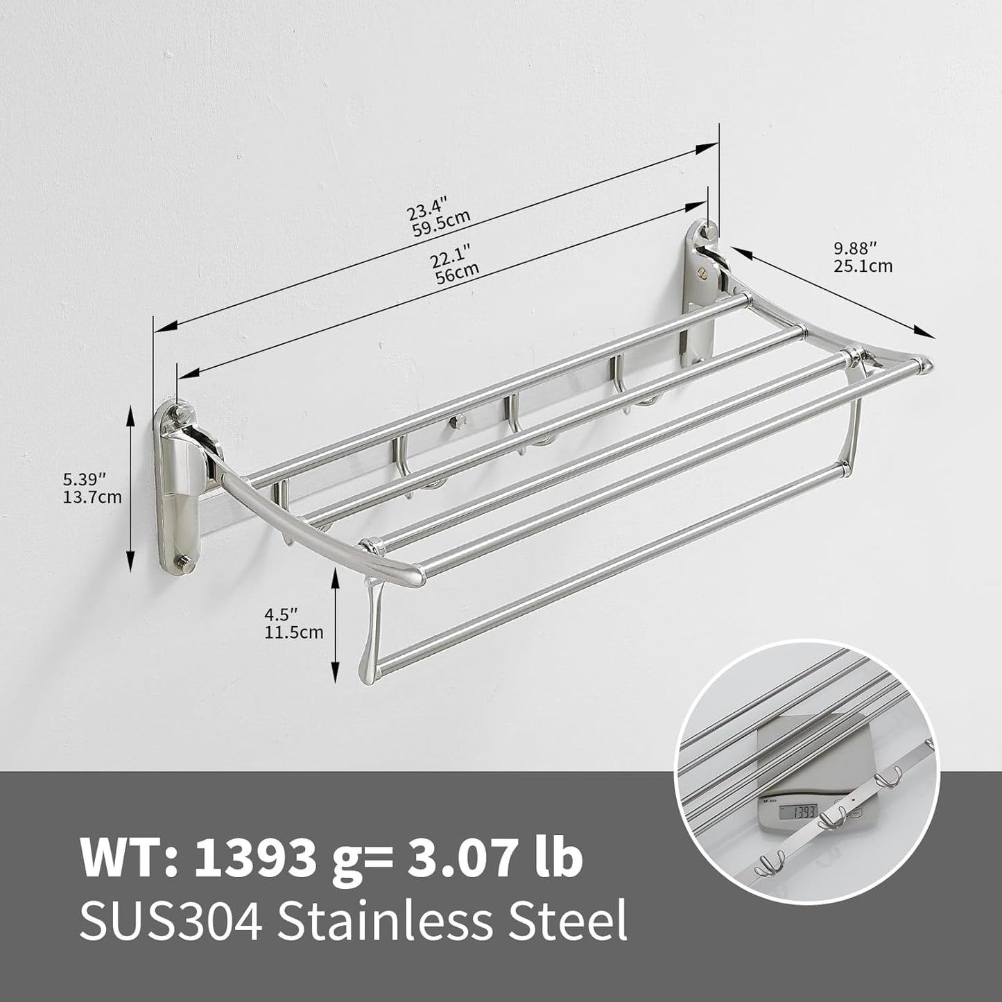 BESy 24 Inch Brushed Nickel Towel Racks, Bathroom Towel Shelf with Foldable Towel Bar Holder and Towel Hooks, Wall Mounted Multifunctional Bathroom Accessories, Double Towel Bars