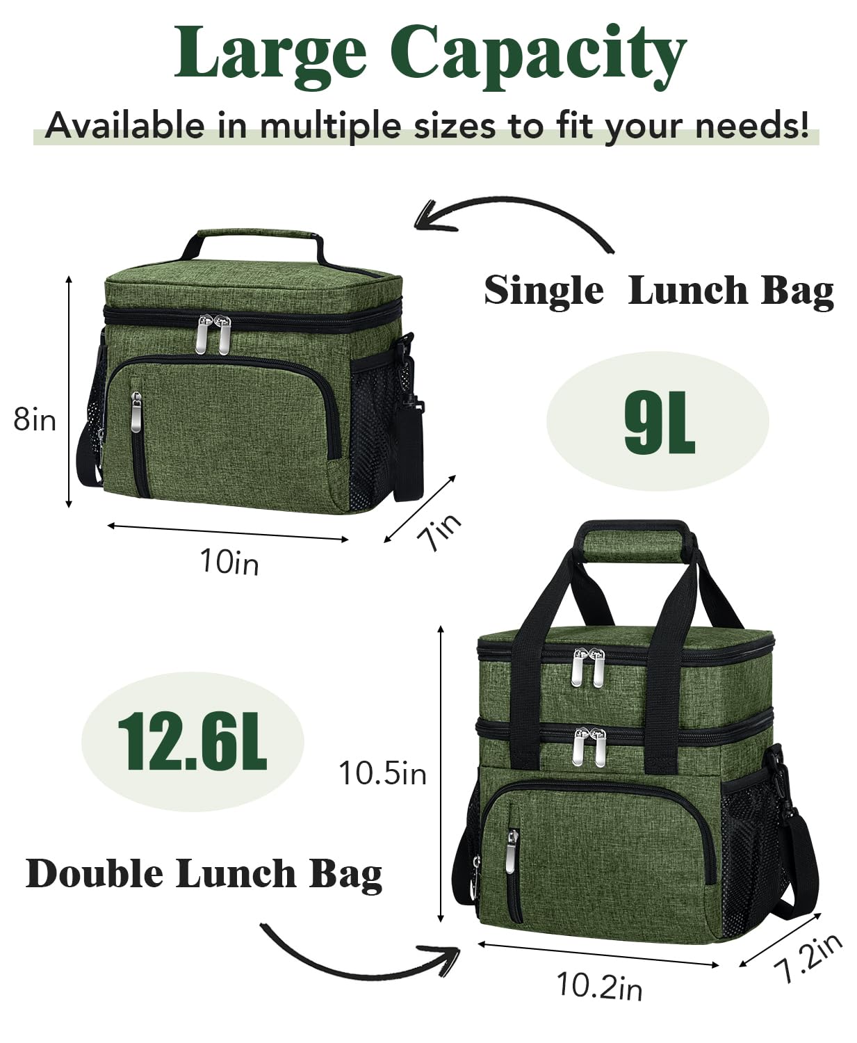 MIAOJIE Insulated Lunch Bag for Men & Women, 9L Leakproof Lunch Box Soft Cooler Tote with 5 Pockets, 600D Oxford, EVA Lining, Adjustable Strap for Work, Picnic, Beach&Travel-Green