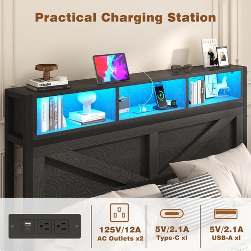 Incyneva Queen Bed Frame - Farmhouse Style with Bookcase Headboard, Charging Station & LED Light - Black