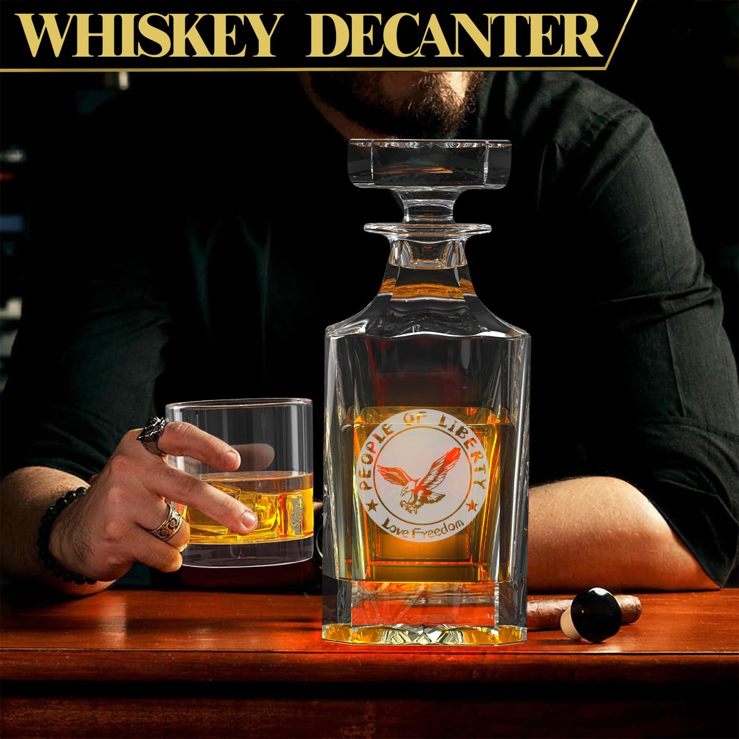 Whiskey Decanter Sets for Men,25 oz Whisky Decanter with 2 Glasses Laser Etched Love Freedom for Liquor Bourbon,Christmas Birthday Anniversary Wedding Whiskey Gifts for Men Dad Fathers' Day