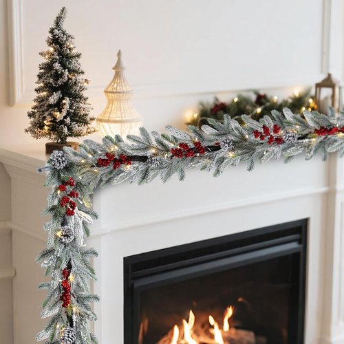 Bdor 6FT Pre-Lit Christmas Garland - Snow Flocked Pine with Red Berries & Pinecones | Battery Operated Holiday Decor