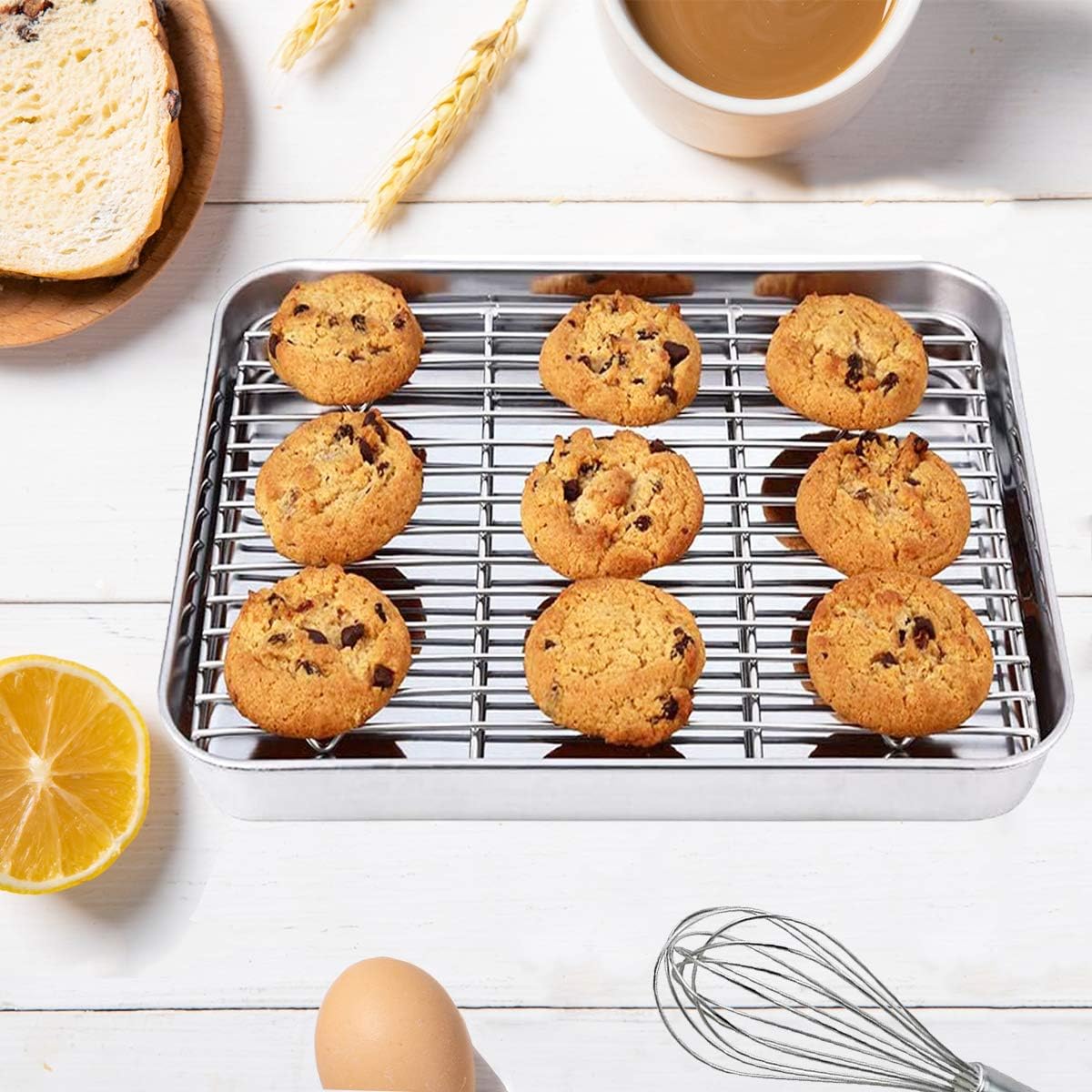 Wildone Baking Sheet Set - Stainless Steel Cookie Pan with Cooling Racks | 2 Sheets + 2 Racks, 9 x 7 x 1 Inch, Non-Toxic & Easy to Clean