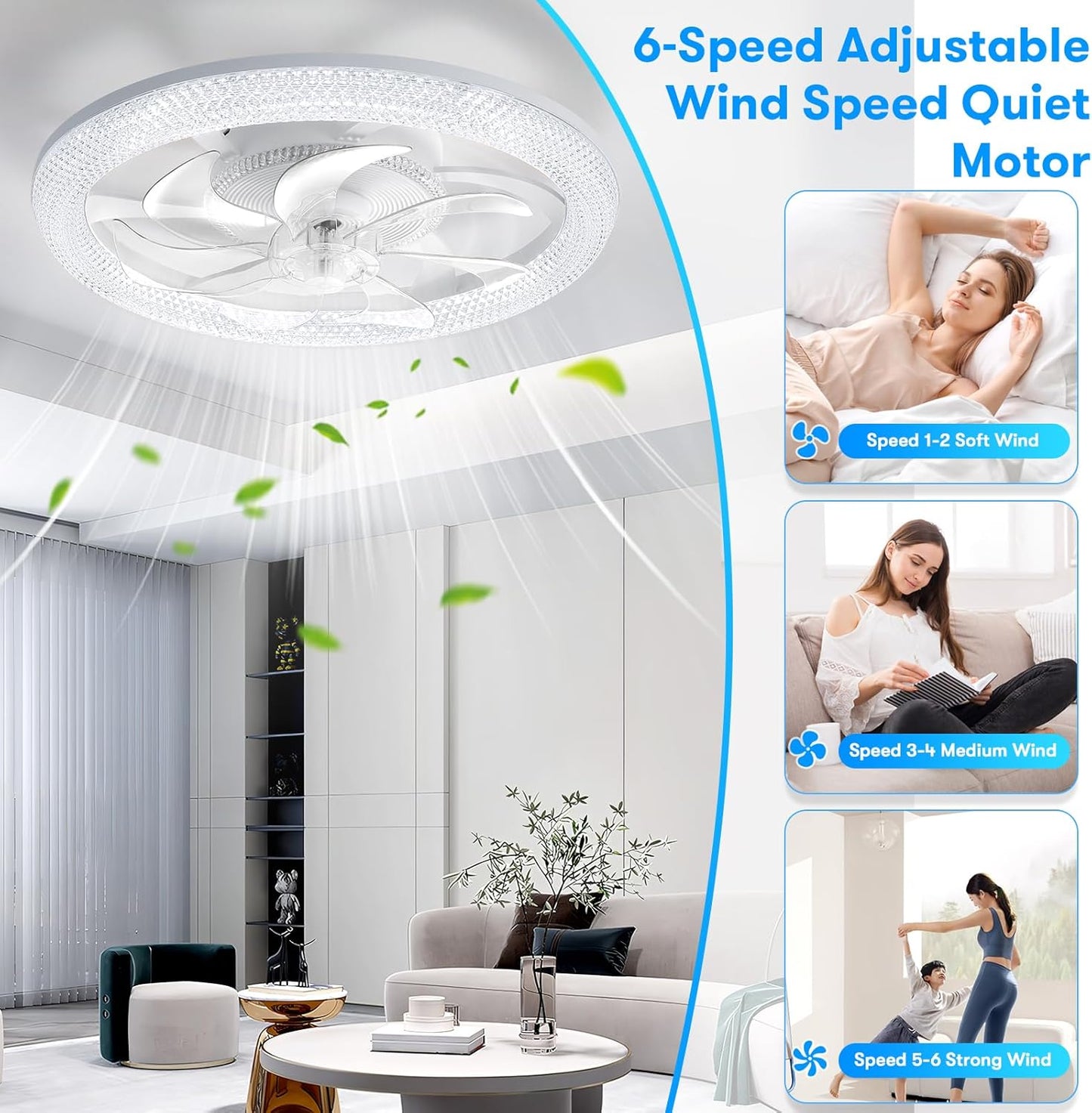 Led Smart Ceiling Fans with Light 19 Inch, Modern Ceiling Fan Lights with Remote Control, Reversible Fan/3 Color Temperature/6 Speed, Dimmable LED Fan Light with Timer for Living Room Bedroom