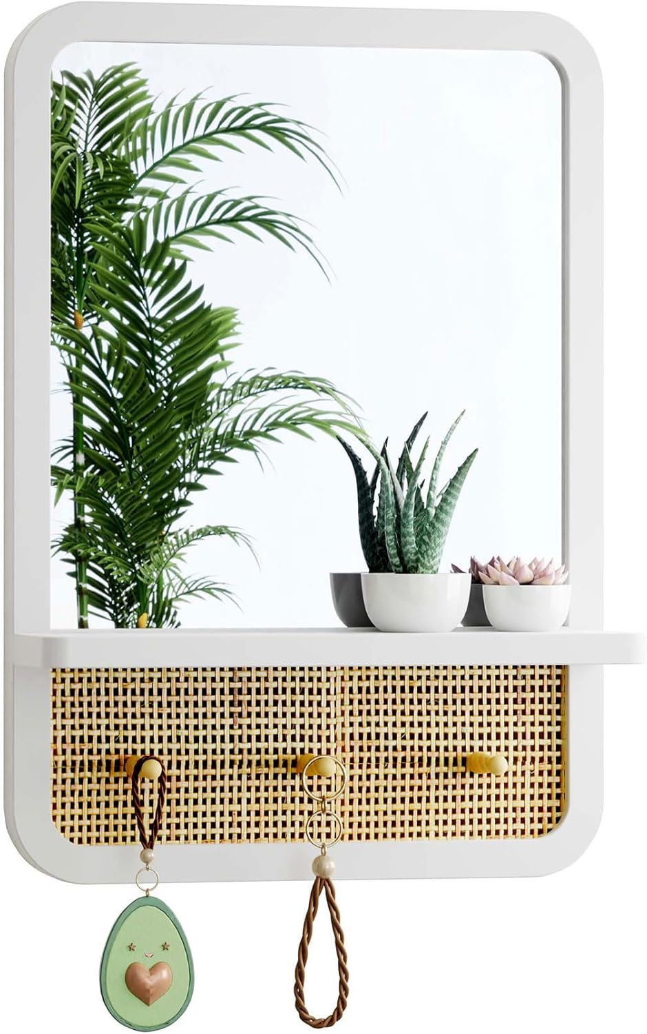 Entryway Mirror with Hooks, 23x16 Inch Boho Bathroom Mirror with Shelf, White Wood Framed, Handmade Rattan Wall Decor for Bedroom, Living Room, Hallway, Vanity