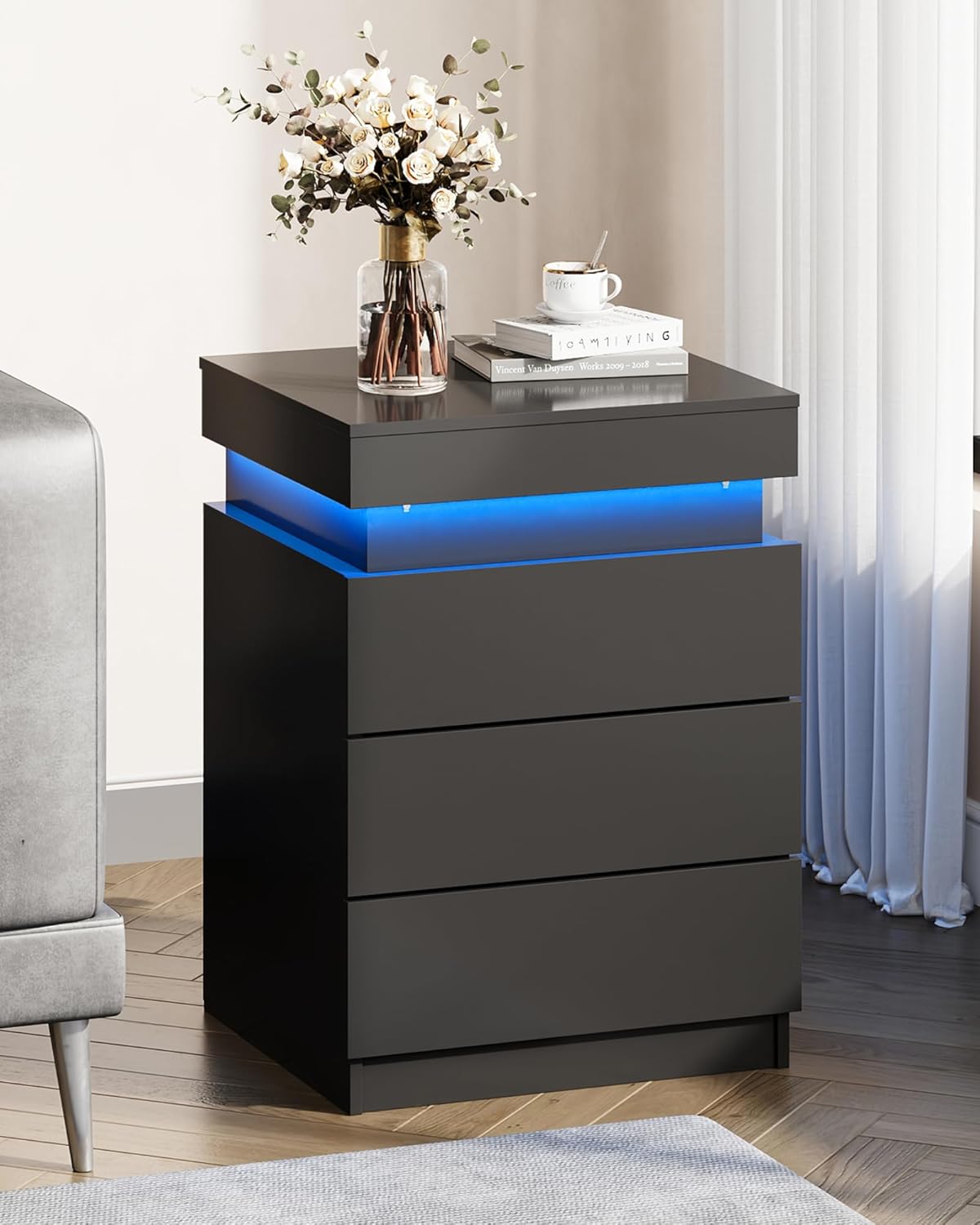 WLIVE Black Nightstand - Modern Bedside Table with Charging Station & LED Lights, 3 Drawers