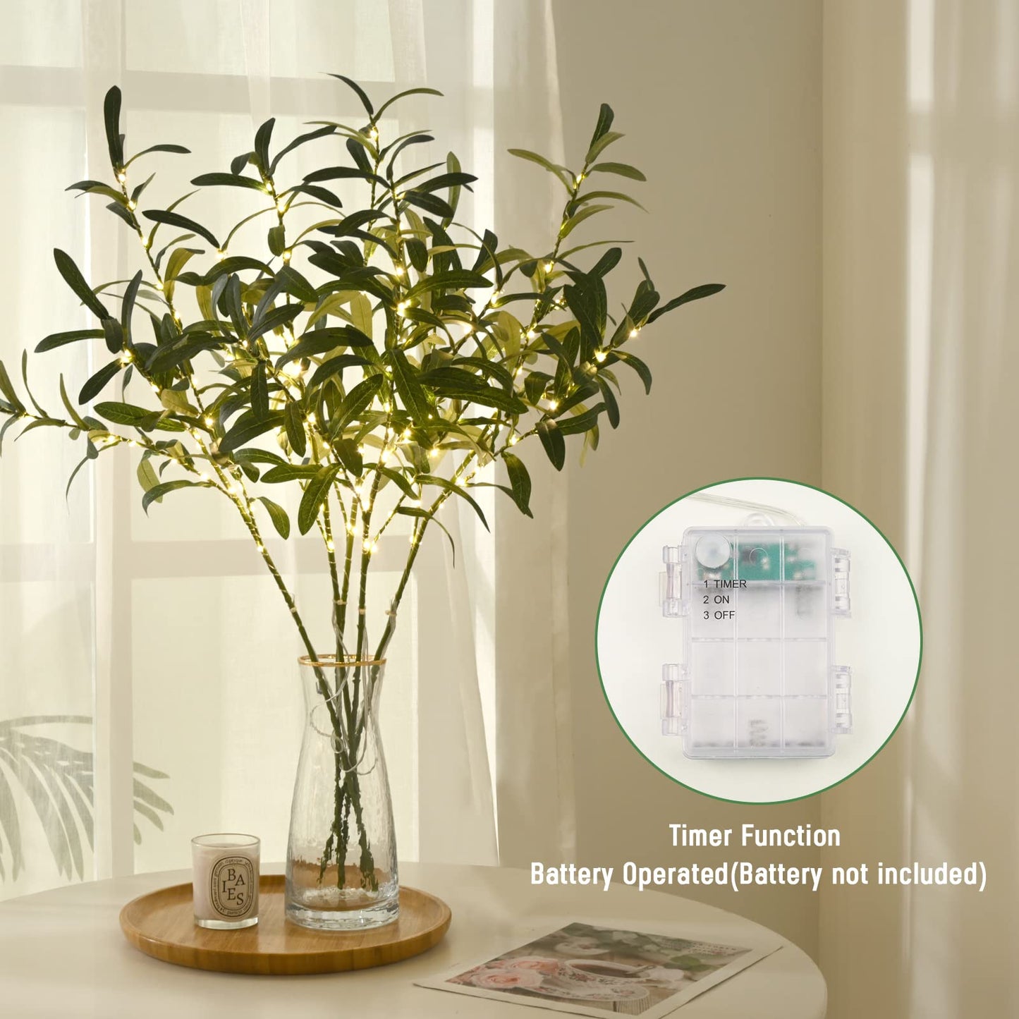 Waipfaru 5pcs 29'' Olive Branches for Vases with Battery Operated Lights, Lighted Olive Tree Branches with Timer, Artificial Greenery Stems Decor for Centerpieces Flower Arrangements Vases