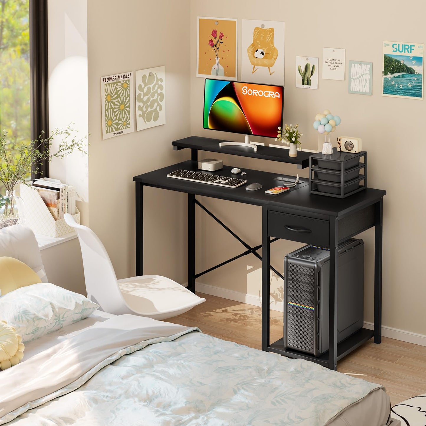 SOROGRA Computer Desk with Adjustable Monitor Stand, 47.2 in Small Desk with Reversible Storage Shelves, Office Desk with Spacious Desktop Spaces for Home Bedroom Workstation, Black