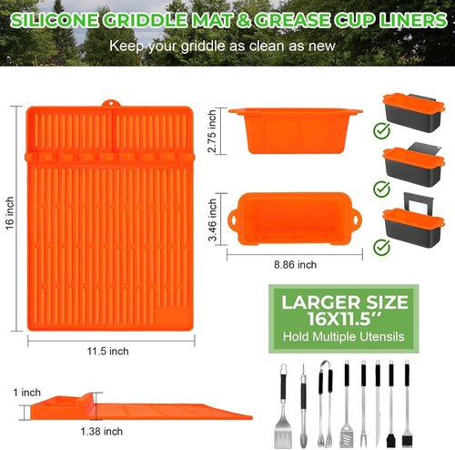 Blackstone 36" Silicone Griddle Mat Set - Food Grade Grill Cover with Spatula & Grease Cup Liner