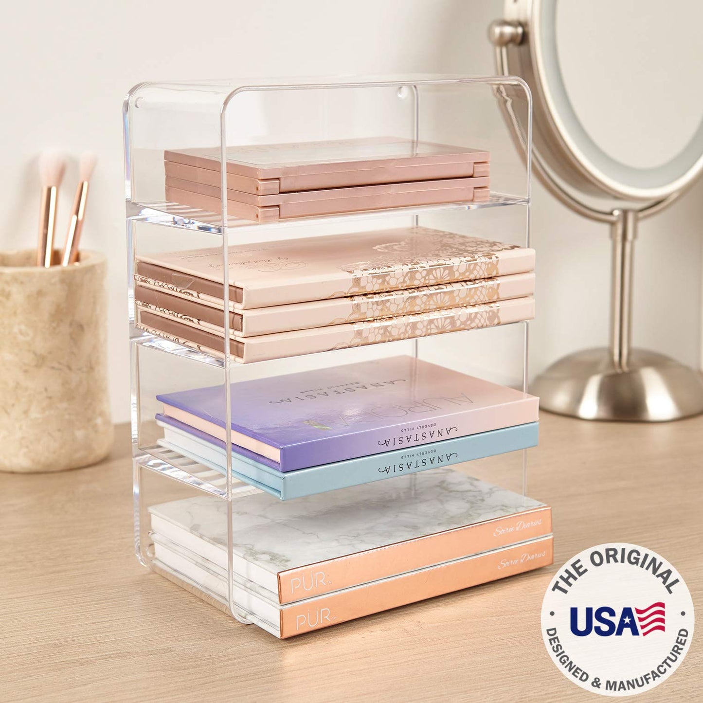 STORi 4-Compartment Clear Plastic Organizers (Set of 4) Rectangular Divided Makeup and Vanity Storage Bin, Use Upright for Eyeshadow Palettes, Made in USA