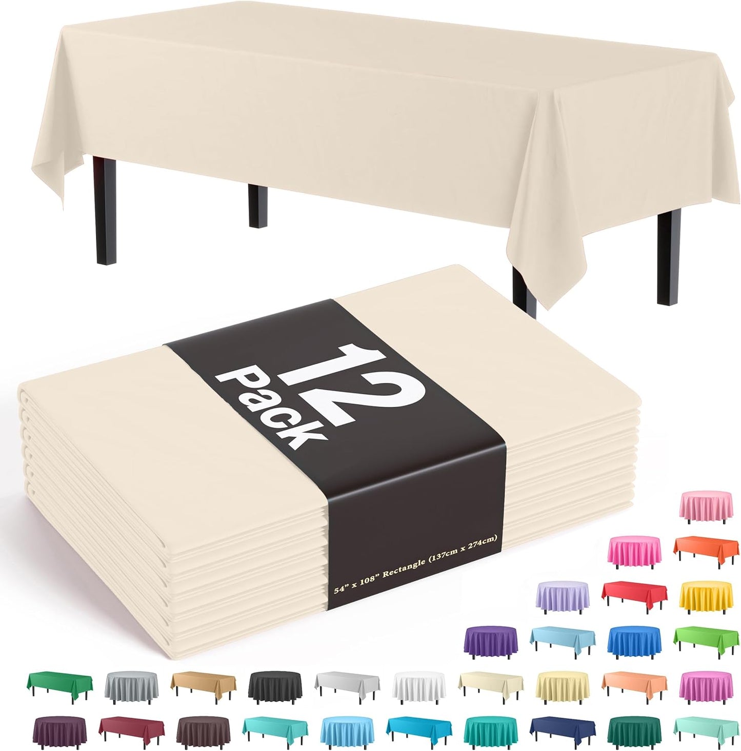 Ivory 84-Inch Round Tablecloth - 12-Pack Premium Plastic Party Supplies
