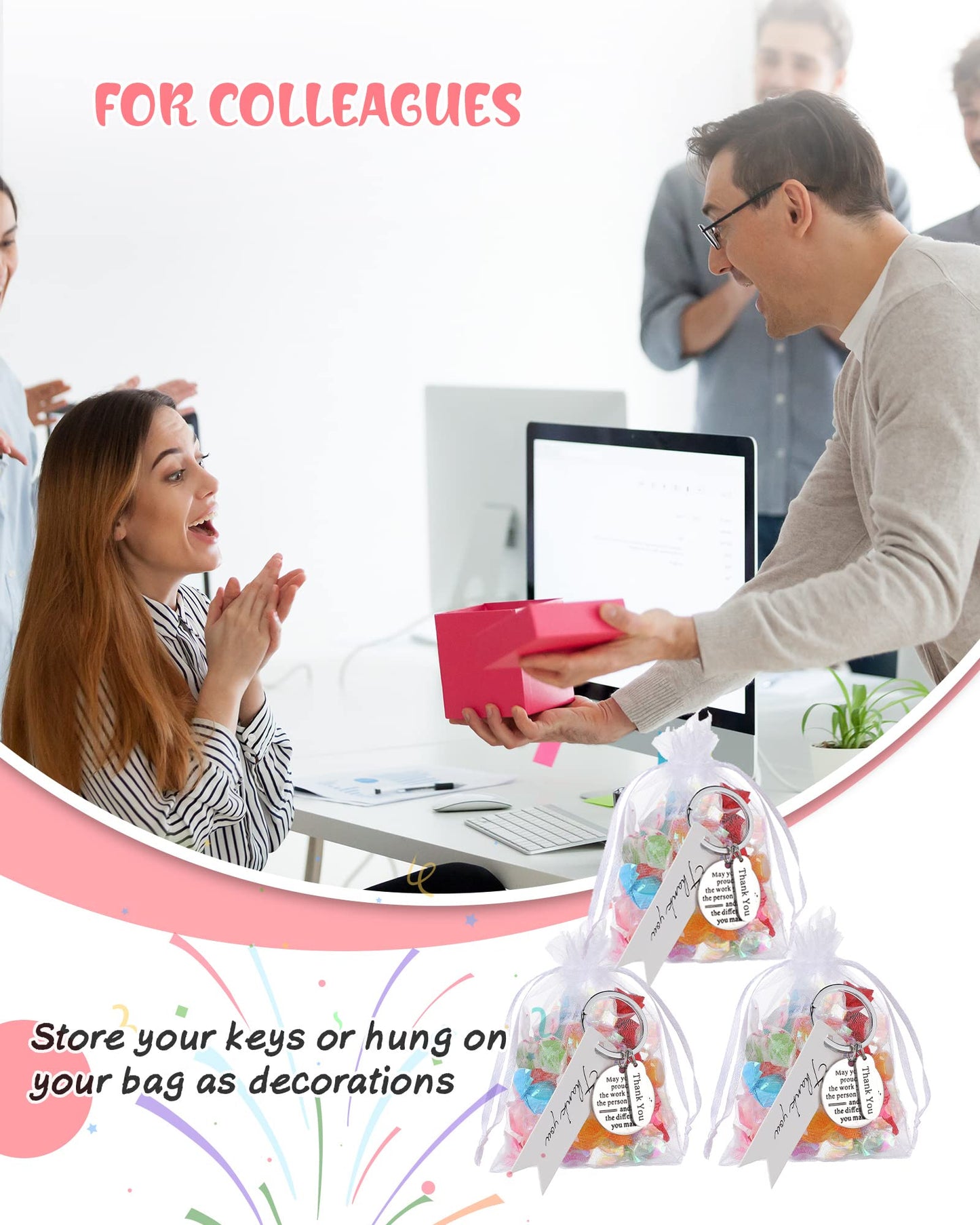 Yinkin 300 Pcs Christmas Employee Thank You Gifts Bulk Gifts for Coworkers Include 100 Inspirational Employee Appreciation Keychain Gifts 100 Organza Bags 100 Cards for Teacher Nurse Team(Silver)