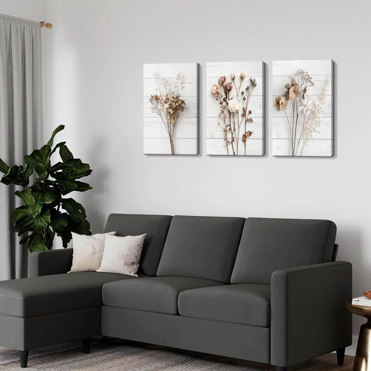 Modern Farmhouse Wall Decor Dried Wildflower Neutral Canvas Print Still Life Wall Art for Bedroom Aesthetic Rustic Floral Wall Art for Living Room Wall Decoration Stretched Set of 3 Pieces 16x24inches