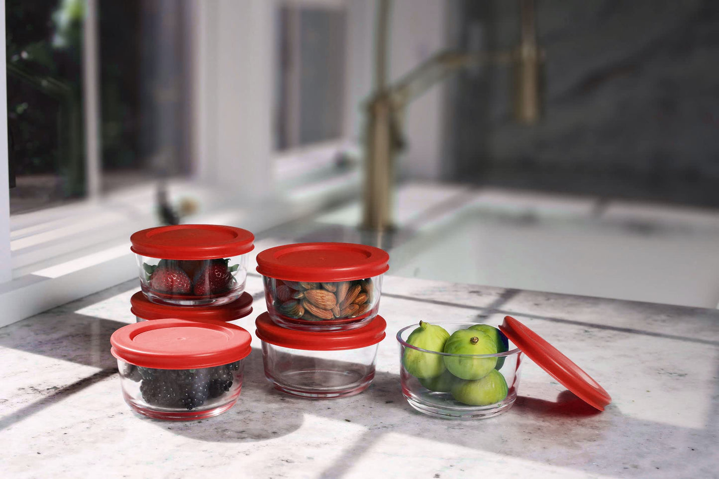 BOVADO USA 2 Cup Glass Food Storage Containers (6 Pack) | Nonpourous Dishwasher, Freezer & Oven Safe Glass, Easy-Clean | Red Lids