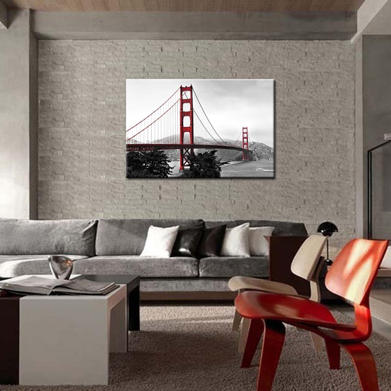 LevvArts Golden Gate Bridge Canvas Wall Art San Francisco Bridge Picture Painting Modern Black and White Red Home Wall Decoration -24"x 36"