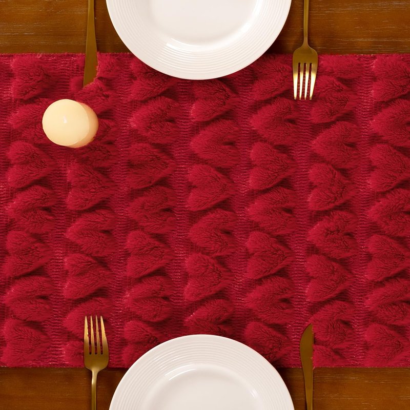 Socomi Red Heart Valentine's Day Romantic Plush Fluffy Faux Fur Jacquard Table Runner for Holiday Kitchen Dining Table Decoration Home Party Decor 13x72 Inch