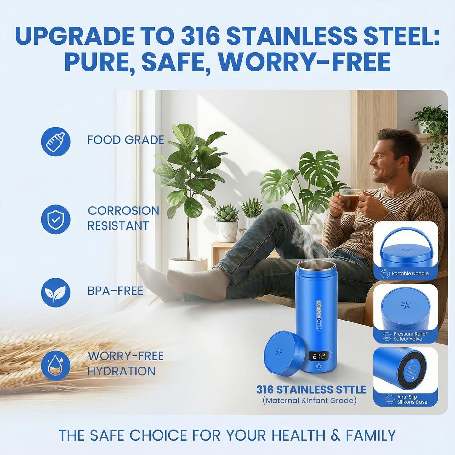 Rzlinn Travel Kettle,Portable Electric Kettle with Temperature Control, Brews Two Cups of Coffee, 316 Stainless Steel Inner Tank, Elegant Blue