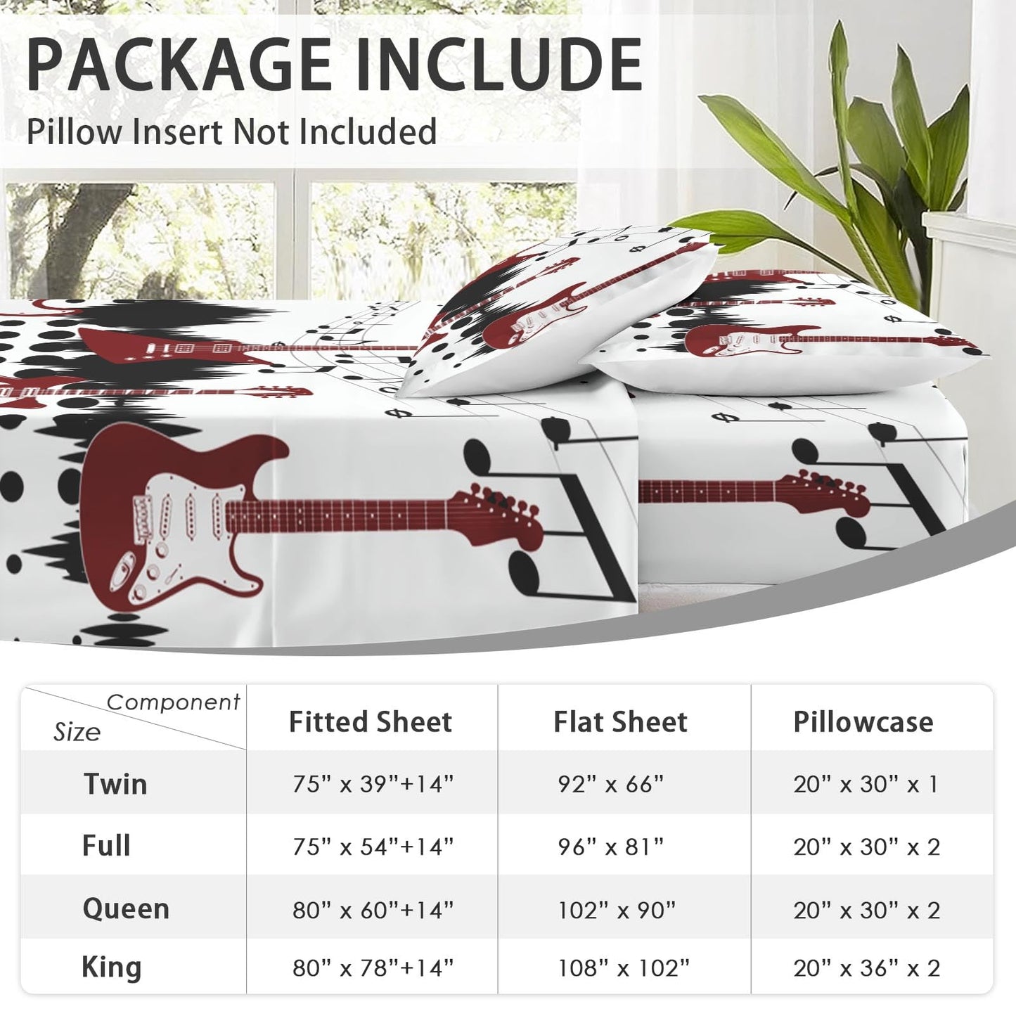 WeCozy Queen Size Bed Sheet Sets with Pillowcases, Guitar Rock Music 4 Pcs Soft Microfiber Bedding for Kids and Adults, Musical Play Flat, Fitted Sheet for Bedroom Bed Decor