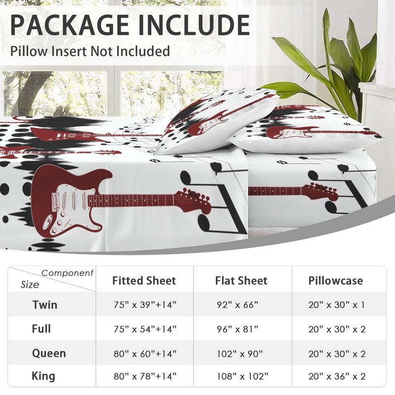 WeCozy Queen Size Bed Sheet Sets with Pillowcases, Guitar Rock Music 4 Pcs Soft Microfiber Bedding for Kids and Adults, Musical Play Flat, Fitted Sheet for Bedroom Bed Decor