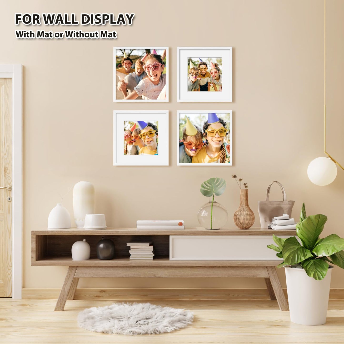 KINLINK 12x12 Picture Frames White, Square Photo Frames with Plexiglass for Picture 8x8 with Mat or 12x12 without Mat, Composite Wood Picture Frames for Top and Wall Mounting, Set of 4