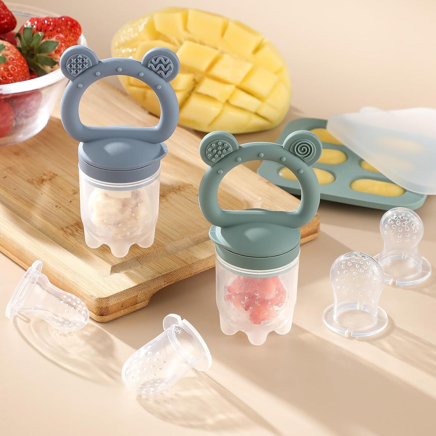 Skiennix Silicone Baby Fruit Feeder - Teething Relief & Fresh Food Storage | 2 Pack with Mini Freezer Tray