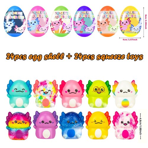 24 Pack Prefilled Easter Eggs with Slow Squishy Toys Axolotl Toy Easter Eggs Filled for Kids Boys Girls Easter Basket Stuffers Party Favors Easter Egg Fillers Hunt