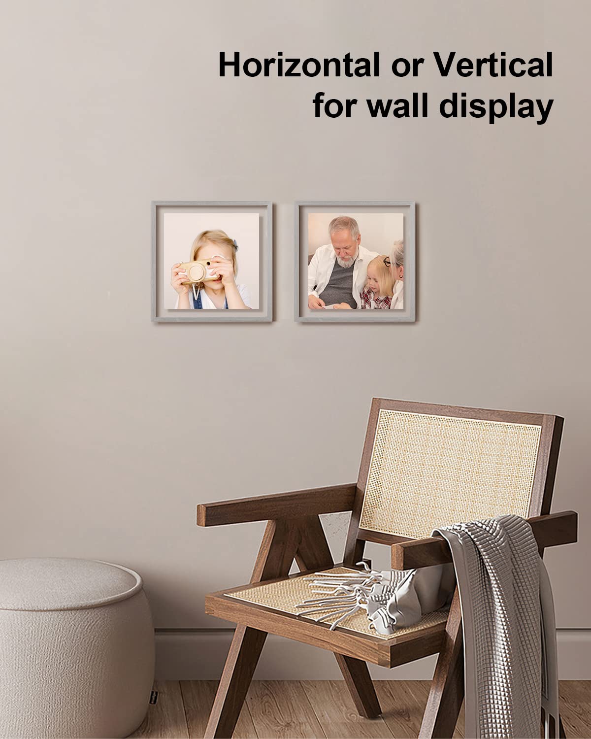 Egofine 8x8 Floating Frames Set of 2, Double Plexiglass Picture Frame, Made of Solid Wood Display Any Size Photo up to 8x8, Wall Mount or Tabletop Standing, Light Grey
