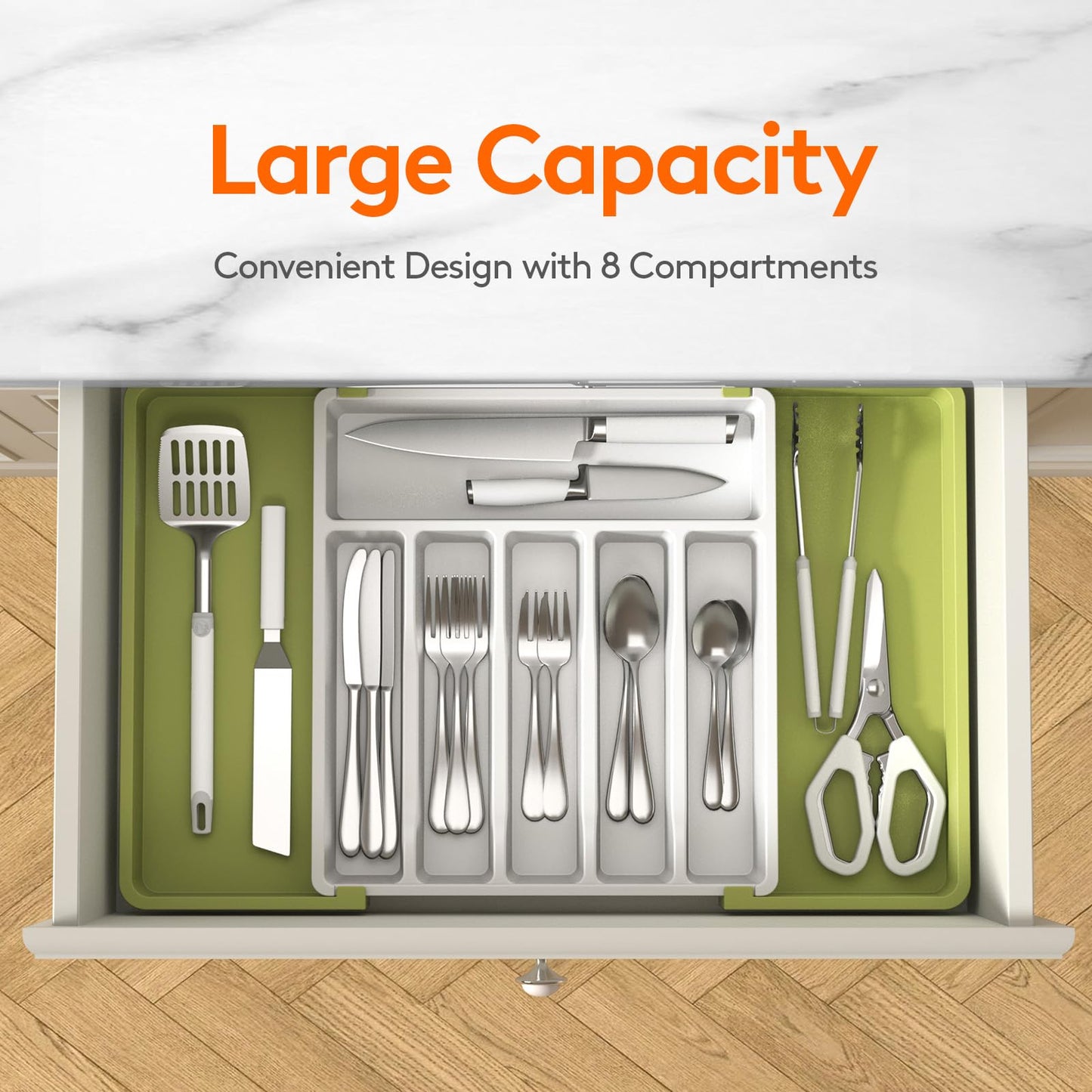 Lifewit Silverware Drawer Organizer, Expandable Utensil Tray for Kitchen, BPA Free Flatware and Cutlery Holder, Adjustable Plastic Storage for Spoons Forks Knives, 13-22 x 15", Green&White