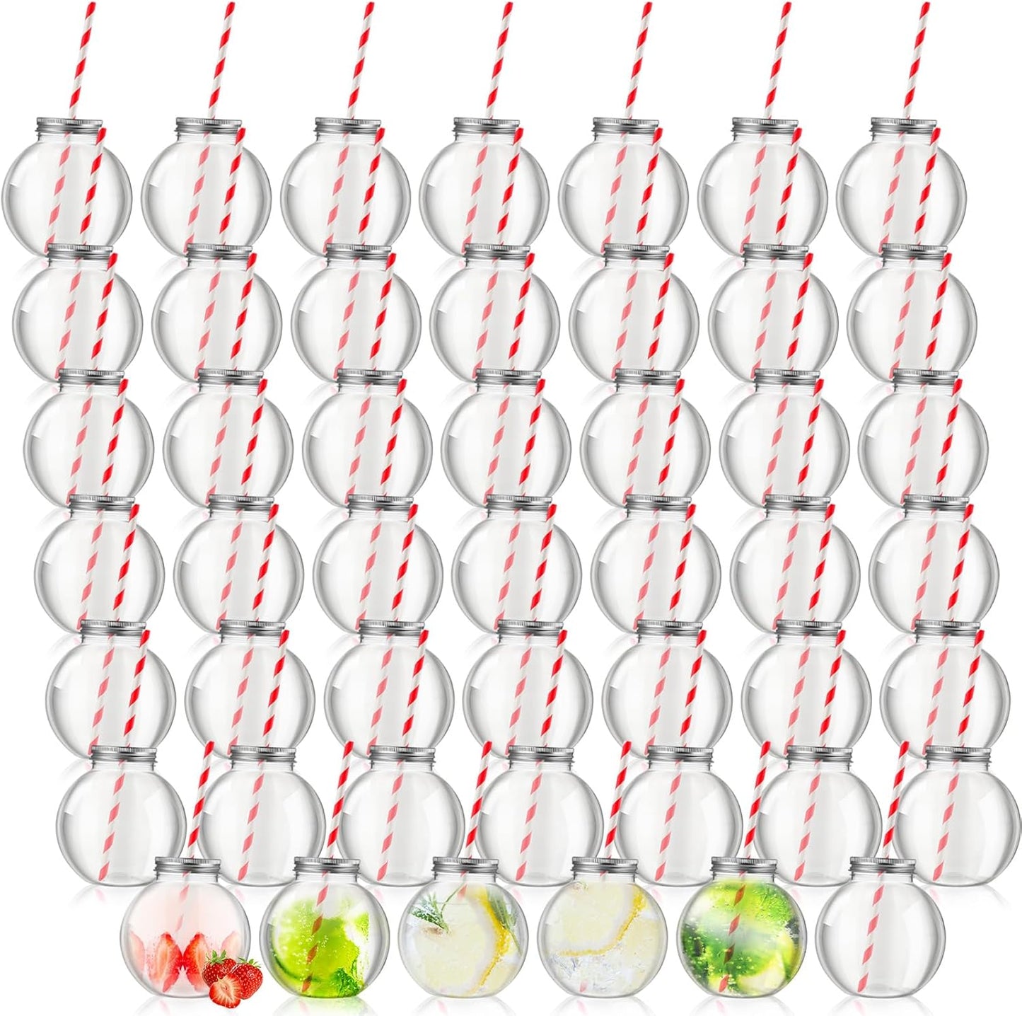 Yaomiao 24 Pcs 10 oz Mini Plastic Fish Bowl Ornament Cups for Drinks Clear Spherical Potion Bottles with Lids and Straws Bulb Cups for Christmas Carnival Candy Party Decorations (Red)
