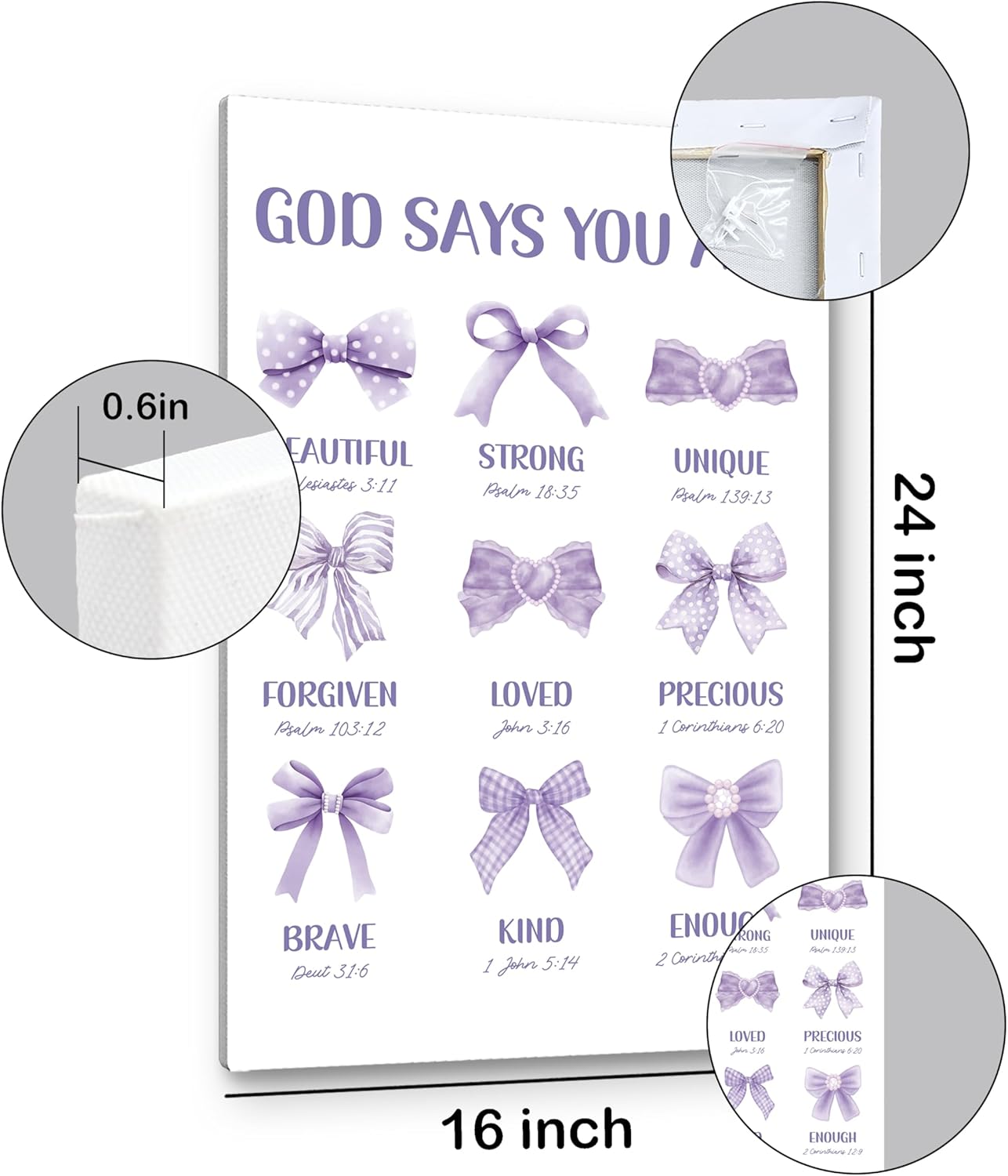 PHAMTE Christian Wall Art - Purple Bow Canvas Decor 16x24 | Inspirational Bible Verse for Girly Room