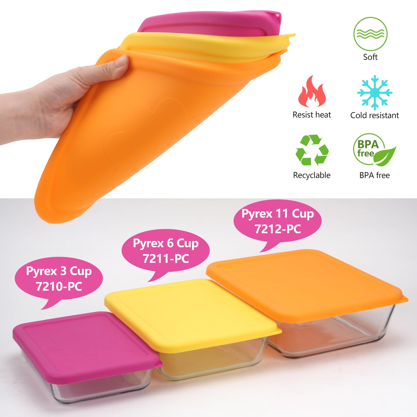LUVCOSY 3 Cup 6 Cup 11 Cup Rectangle Silicone Storage Cover Lids Replacement for Pyrex 7210-PC, 7211-PC, 7212-PC Glass Bowls, (Container not Included) 6 Pack, Microwave, Dishwasher and Freezer Safe